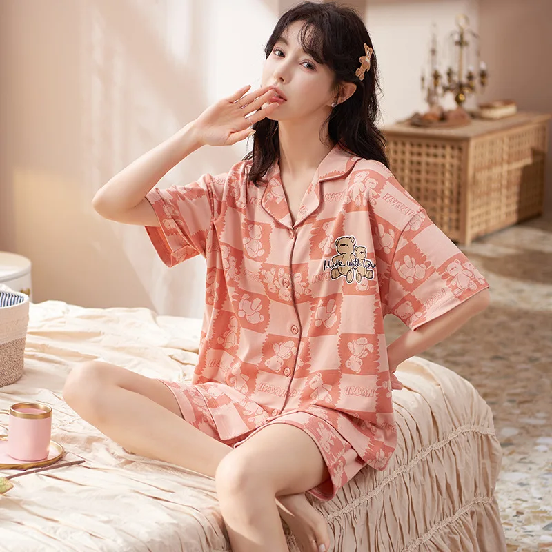2022 Women's Pajamas Summer Loungewear Cotton V-neck Cardigan 2pcs Nightgown Pijama Mujer Lovely Homewear Short Sleeve Shorts