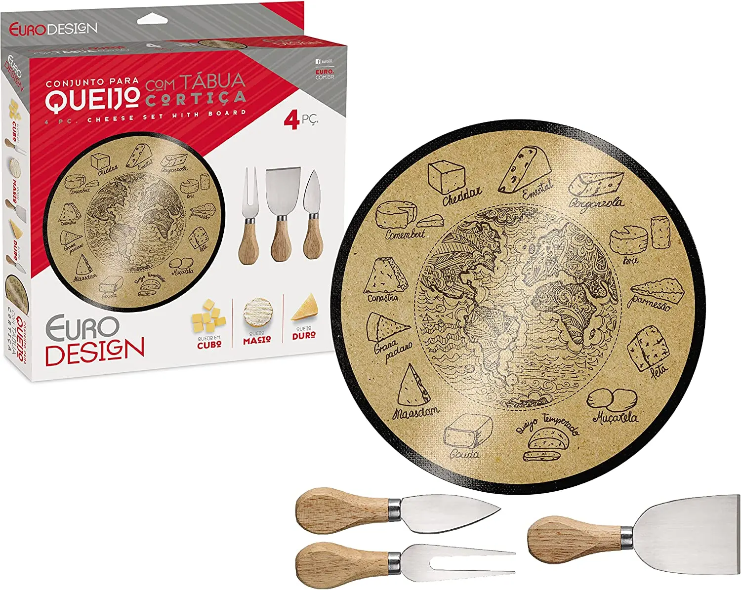 

Cheese Set 4 Pieces with Glass Board Decoration Cork, QUE5517, Home