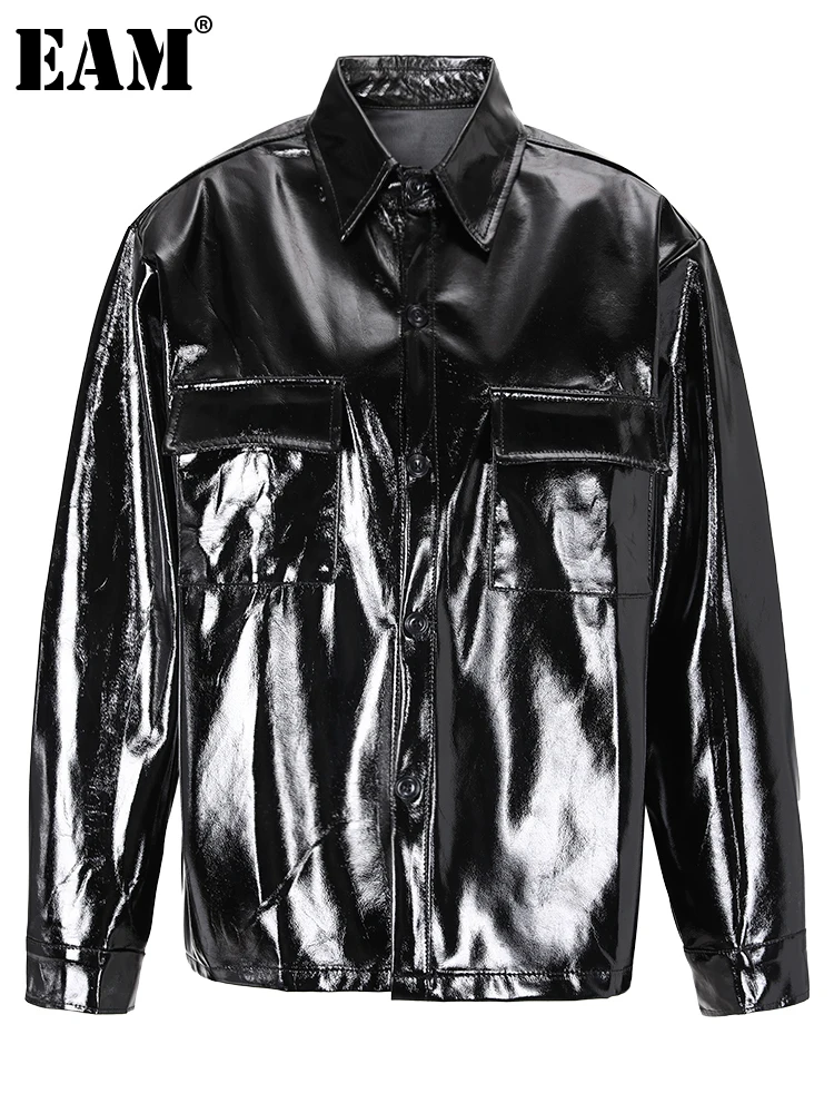 

[EAM] Loose Fit Black Pu Leather Big Size Jacket New Lapel Long Sleeve Women Coat Fashion Tide Spring Autumn 2023 CPG0475