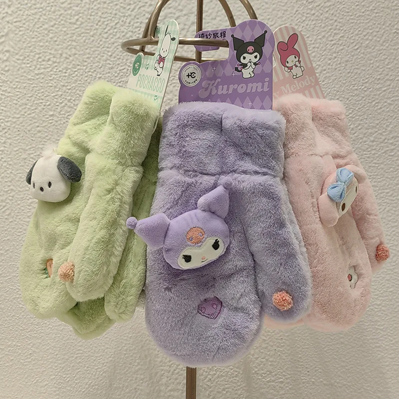

Милые перчатки Sanrio, Симпатичные плюшевые теплые перчатки Kuromi My Melody с мультяшным рисунком, подвесные детские перчатки на шею, рождественский подарок