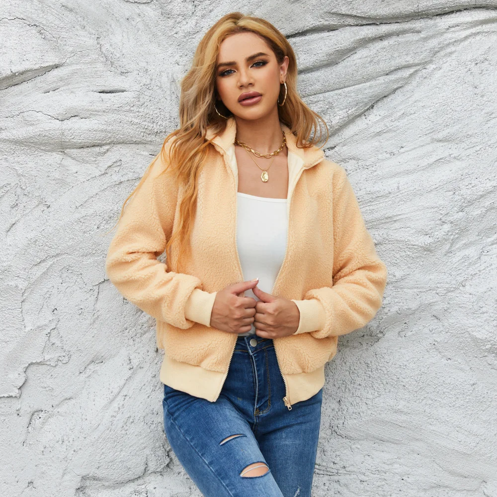 

Mandylandy Women Warm Thick Winter Plush Fleece Wool Jacket Fashion Casual Long Sleeve Turn Down Collar Zipper Coat Outwear