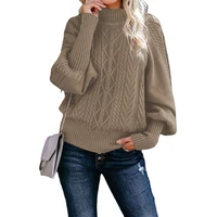 2022 winter new mid neck sweater womens lantern sleeves loose long sleeved knitted solid color pullover round neck sweater