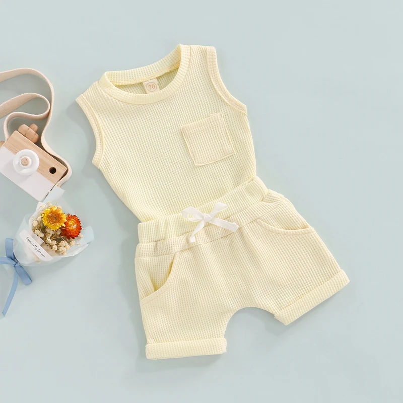 

Toddler Baby Girl Boys 2PCS Summer Clothing Outfits Sleeveless Solid Color Waffle Knit Bodysuit + Shorts Set