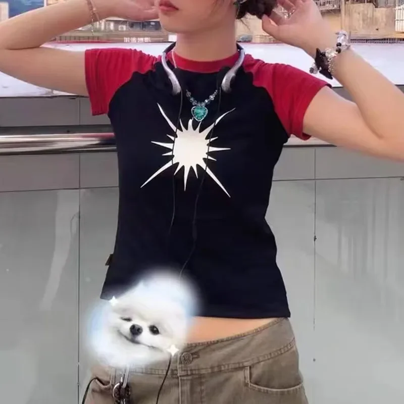 Karrram гранж пэчворк футболка винтажная корейская мода с коротким рукавом чай