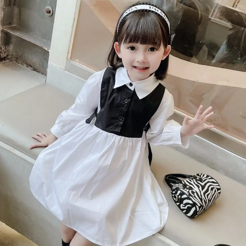 

2022 spring new girls foreign style Bow stitching lapel shirt casual long-sleeved children's skirt, big children's waist dress