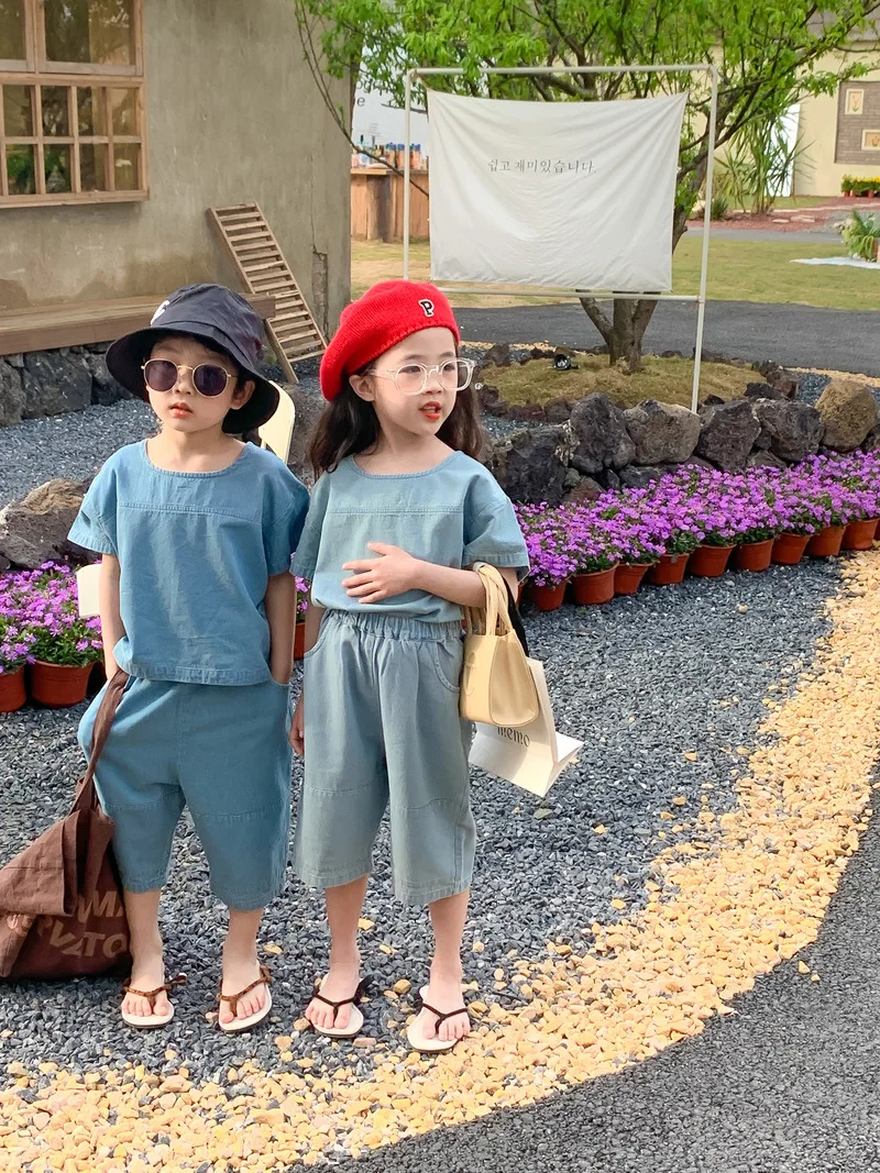 Весенне-летняя детская одежда Джинсовый комплект для мальчиков топ с коротким