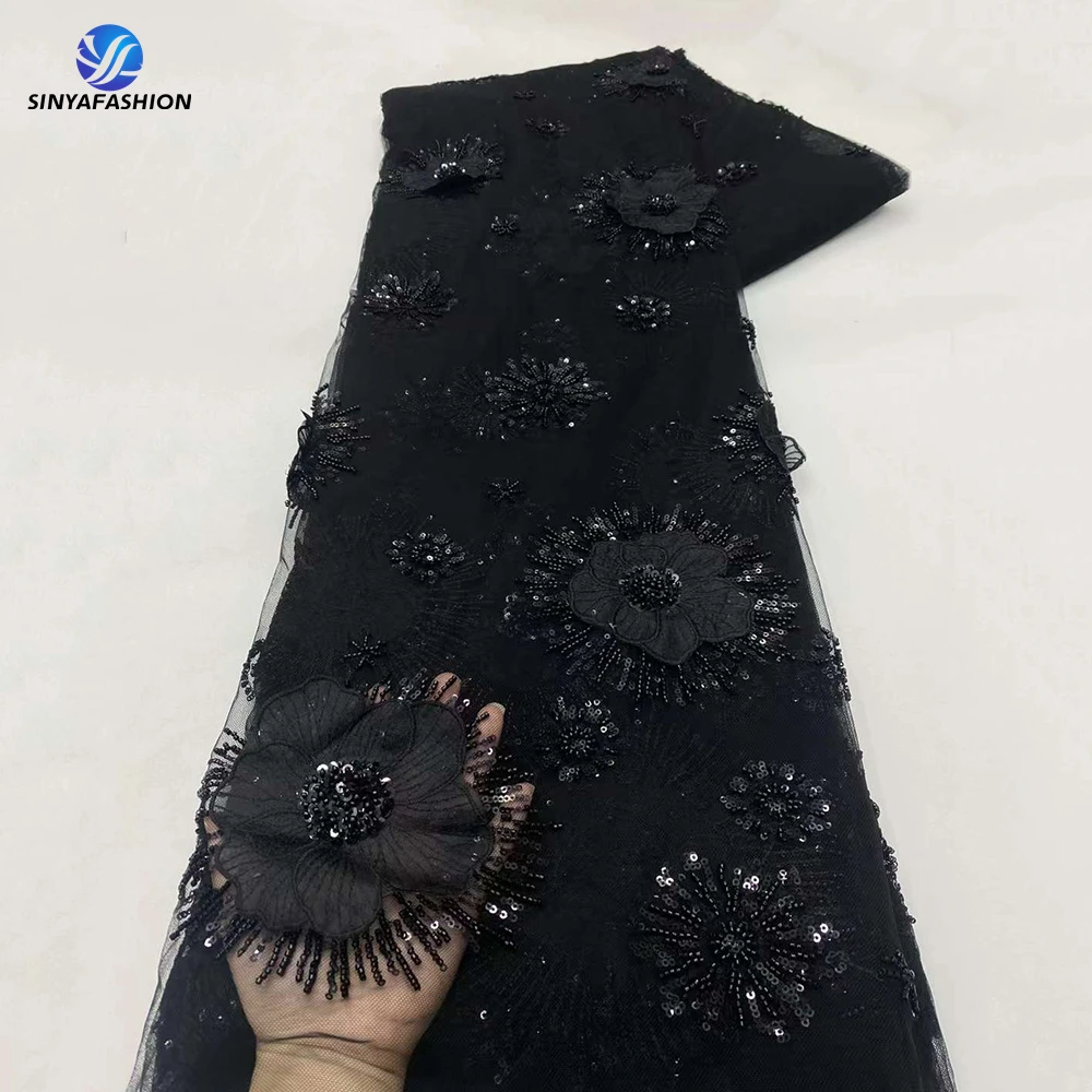 Черная Роскошная сетчатая кружевная ткань с блестками высокого качества 5 ярдов