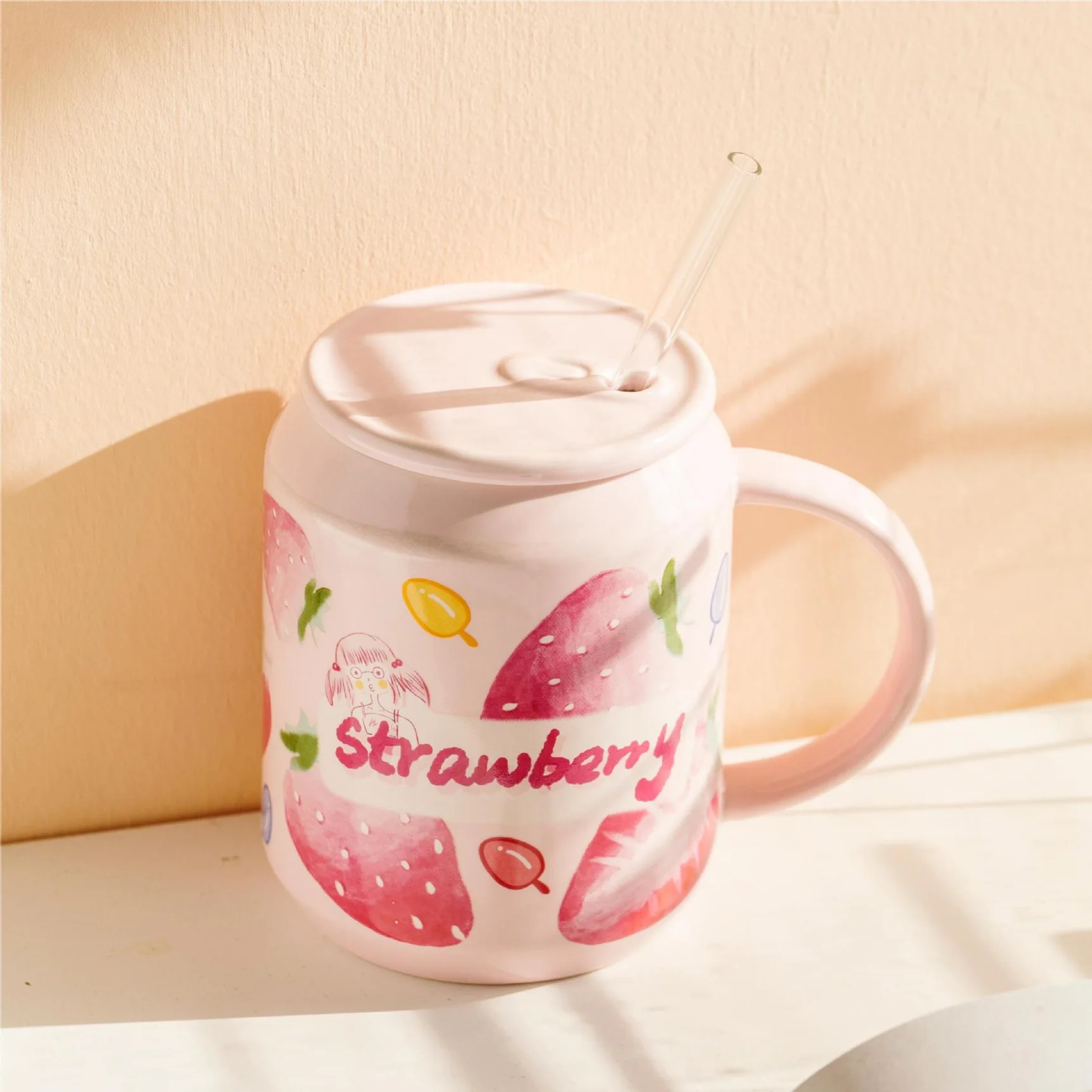 

Fruit pattern ceramic cup with straw cover, flower tea cup, male and female couples, water cup, fresh coffee cup