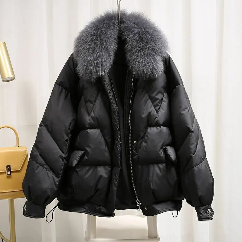 Imitation Natural Fox Fur Collar Loose Oversiz White Duck Down Jacket Ladies Winter Jacket Parker Coat  Women Coats Winter
