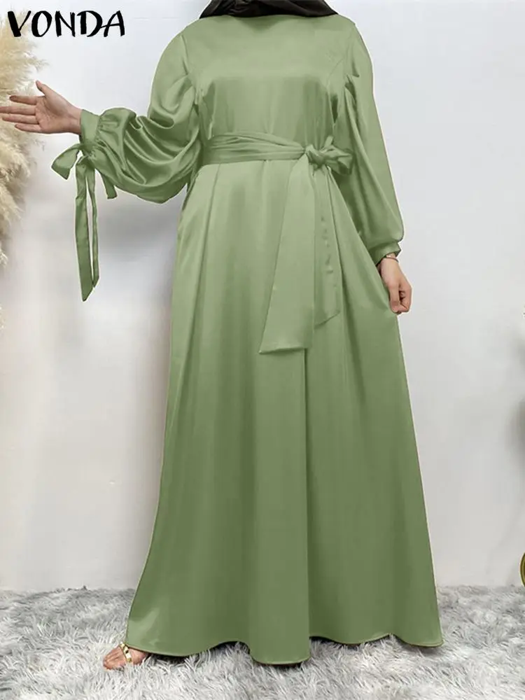 

Элегантное Атласное Платье VONDA, Женское Платье макси с длинным рукавом, осень 2023, сексуальный Свободный Однотонный сарафан с воротником-стойкой и поясом