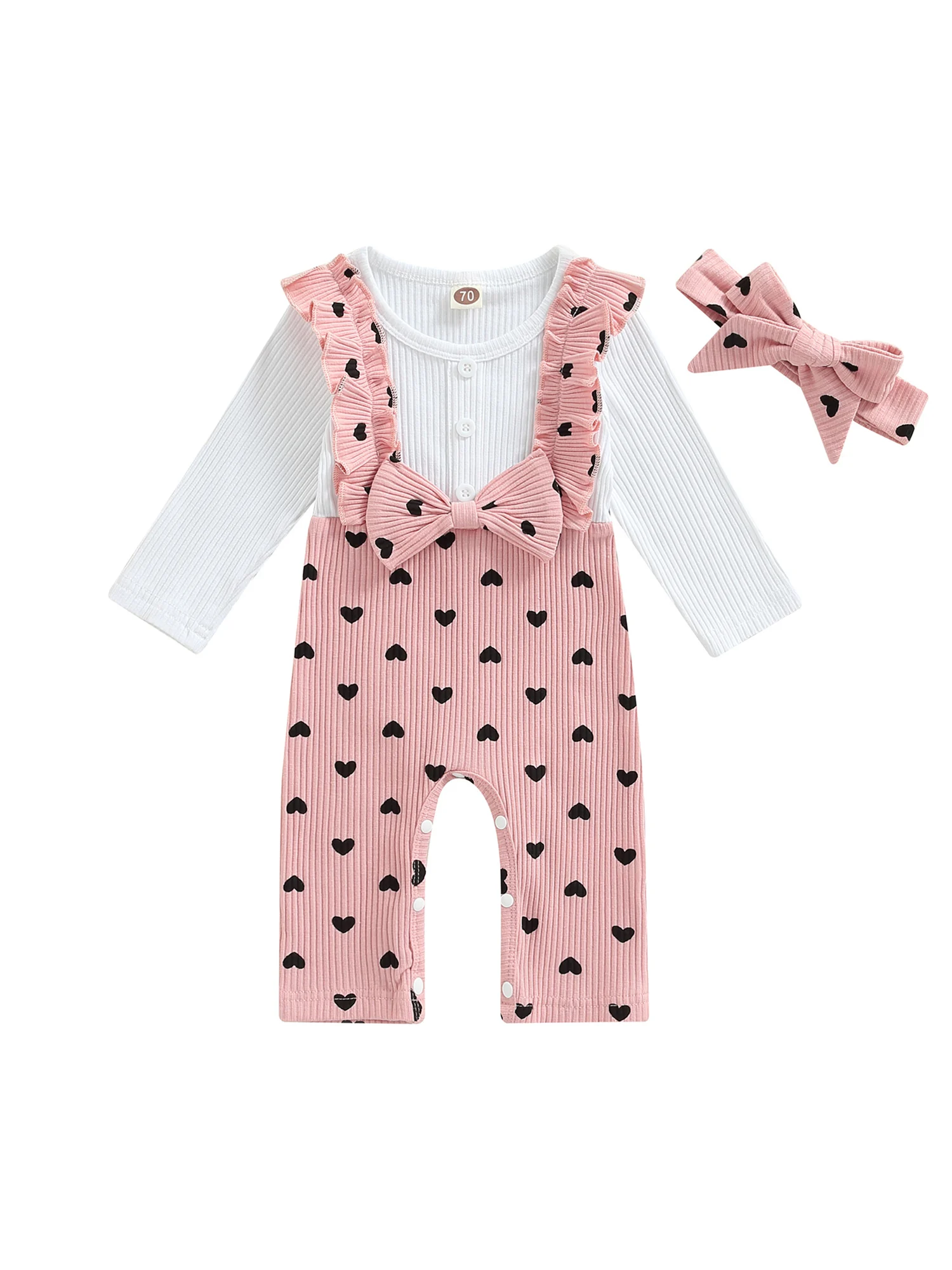 

Newborn Infant Baby Girl Jumpsuit Ribbed Long Sleeve Ruffle Button Heart Print Romper Fall Winter Outfit