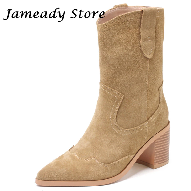 

Женские замшевые ботинки в стиле ретро, модельные полусапожки из натуральной замши на высоком массивном каблуке, в западном стиле, Осень-зи...