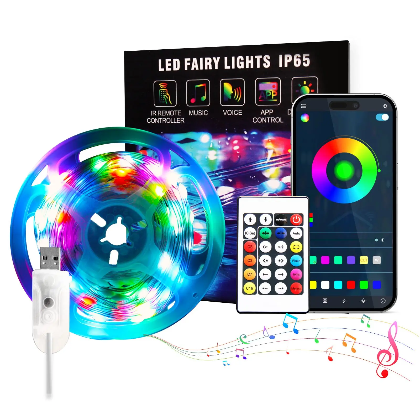 USB светодиодные ленты Bluetooth APP Control RGB Изменение цвета умные гирлянды с ИК-пультом