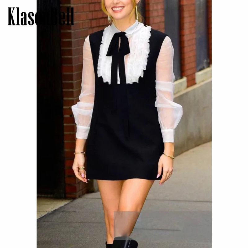 6.3 KlasonBell Vintage Elegant Contrast Color Ruffle Long Sleeve Ribbon Bow Mini Dress Women