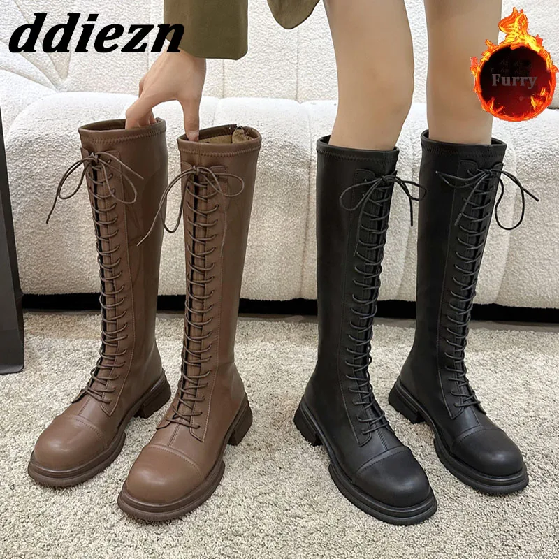

2023 Fashion Lace Up Furry Ladies Knee High Boots Autumn Winter Warm Women Modern Boots Zippers Round Toe Female Low Heel Shoes