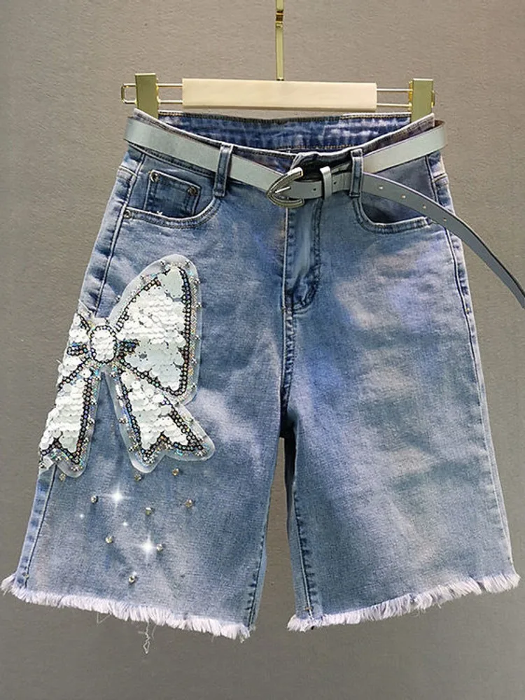 

2022 Summer Fashion Denim Shorts Women Sequins Bow Knee Length Women's Short Pants Loose Denim Shorts Streetwear Jeans