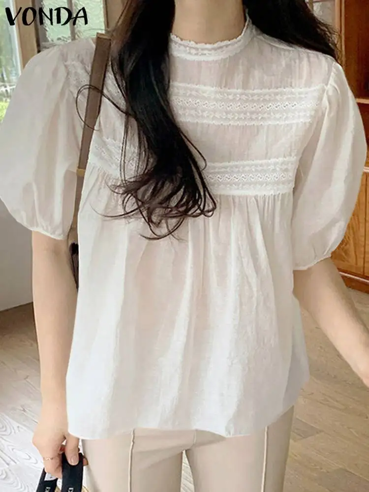 

Summer Blouse VONDA Brand Casual Solid Short Puff Sleeve Blusas Femininas Retro Party Tops Oversized Pleated Blusas Female 2022