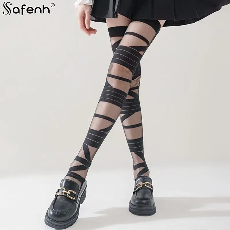 

1Pair White Bandage Glass Wool Transparent Knee Stockings Women Japanese Lolita Summer Cross Straps Sexy Piles Of White Sock