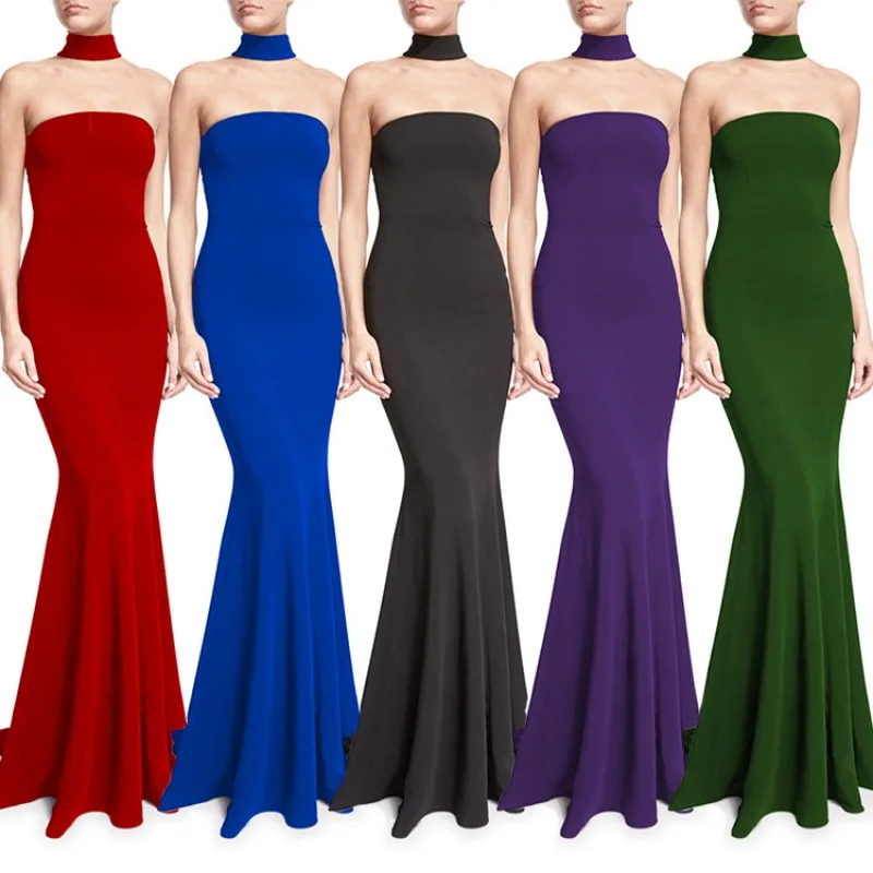

2023 new dress long skirt fashion fishtail hanging neck evening dress