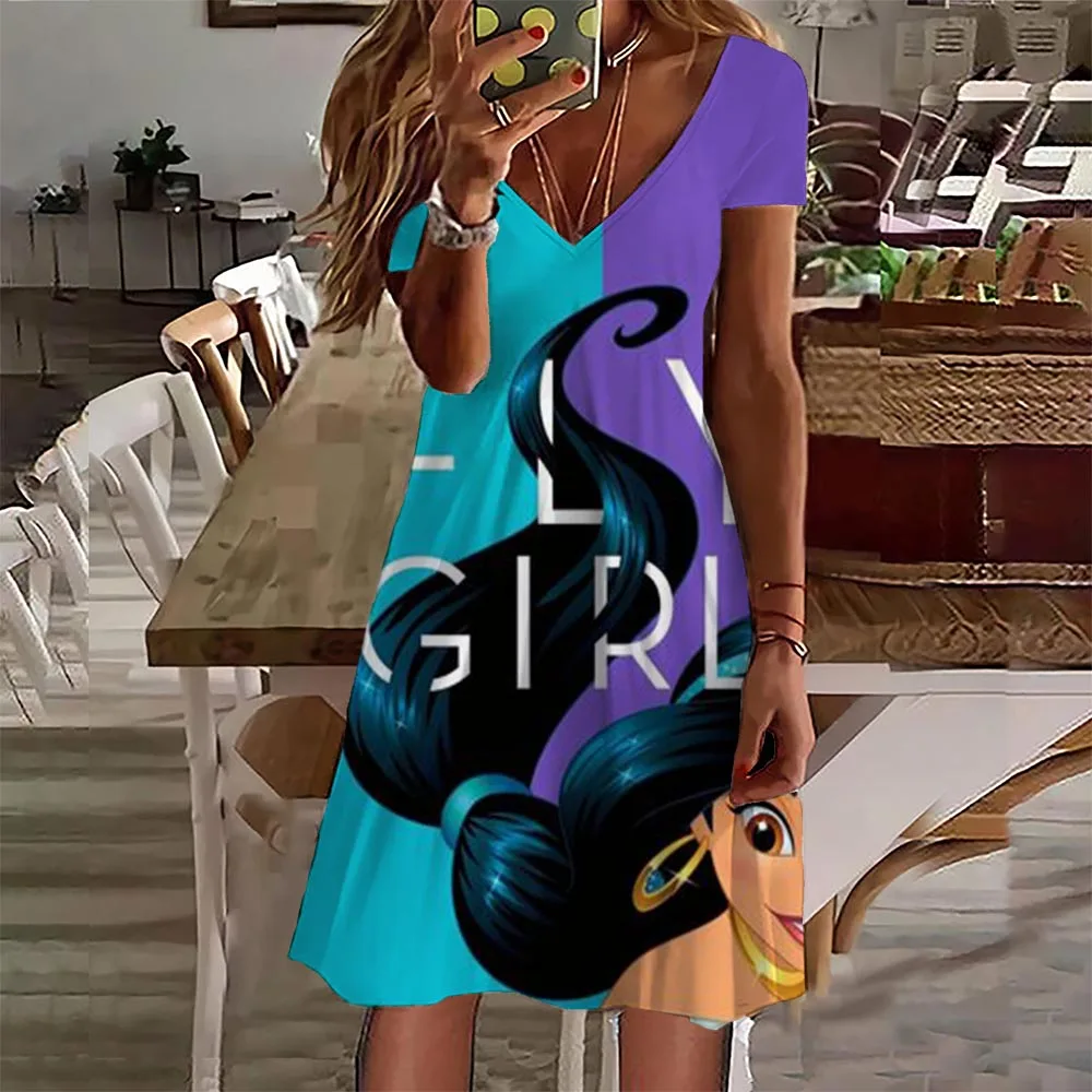 

Disney Princess Girls Summer Dress 3D Print V Neck Dress Casual Elegant Knee Length Dress Patriotic Painting Dress Y2K Style