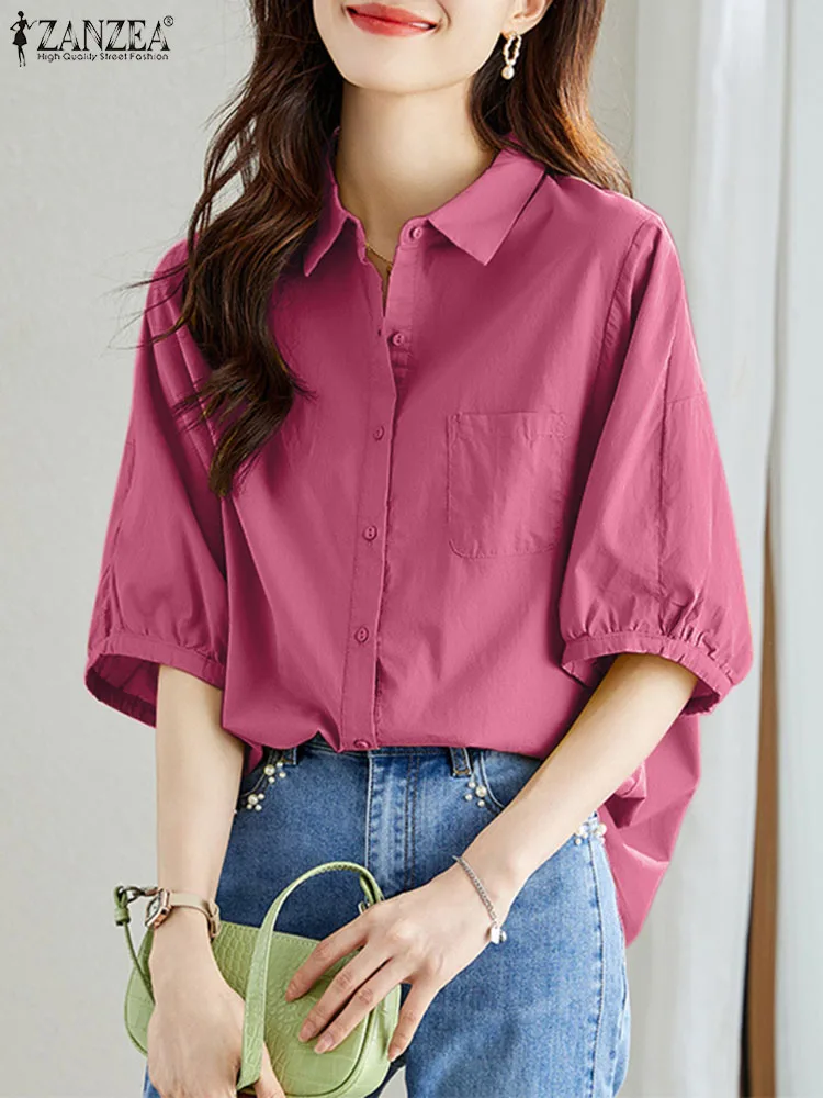 

Женская летняя Рабочая Рубашка ZANZEA, модная однотонная блузка, повседневные блузы с коротким рукавом, с лацканами и воротником на пуговицах, туника, топы, большие размеры