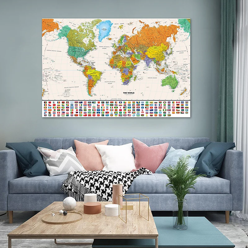 

130*90cm The World Map Wall Art Poster Retro World Globe Map with National Flags Non-woven Canvas Painting Home Decoration