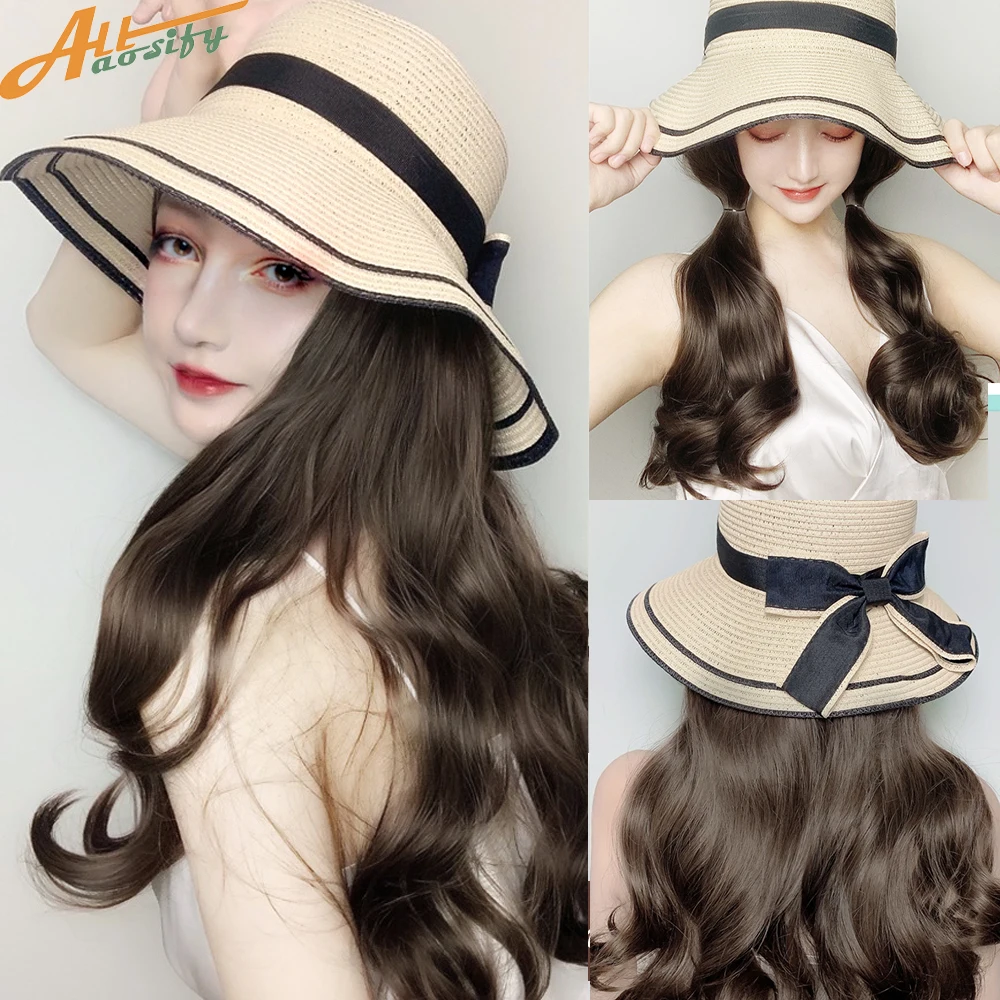 Allaosify Synthetic Wigs Cap Hat Long Curly Water Wavy Hair Extensions For Women Beige Hat With Hair Summer Female Cap With Wig