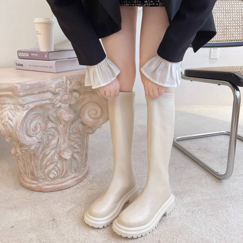 

Женские сапоги на толстой подошве, новинка зимы 2022, женские сапоги, однотонные темпераментные модные сапоги-трубки, женские ботинки, женская обувь