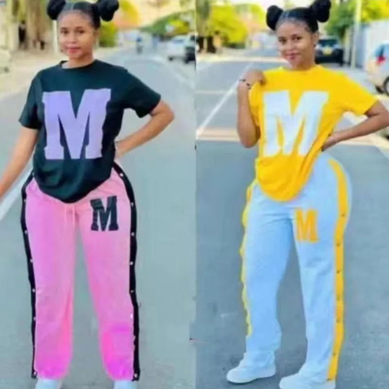 

Letter Print Pullover Suit 2 Pieces Sets Women Summer Nailing Button Tooling Cotton Sleeves Street Trendsetters Tracksuit Outfit