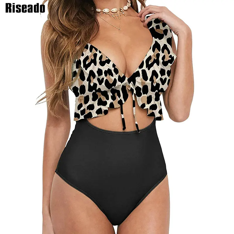 

Riseado Sexy Ruffle Swimsuit One Piece Patchwork Swimwear 2022 New Cut Out Bodysuit Women V-neck Bathing Suit Tie Front Monokini