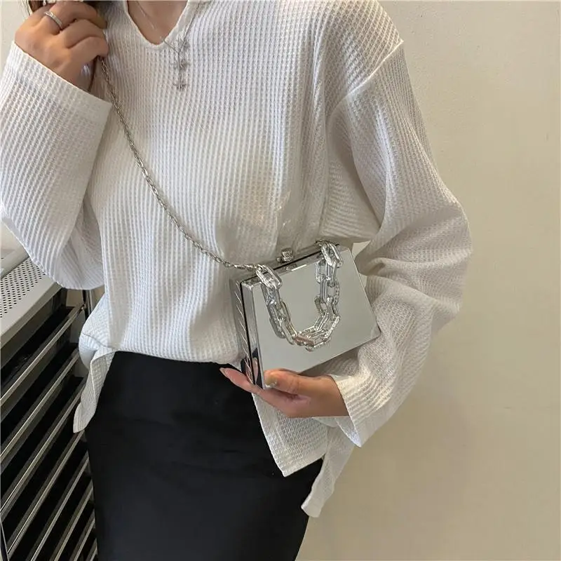 Metal Small Bag 2023 European And American Fashion Shiny Retro Texture I Girl Chain One Shoulder Box Bag Women Purse And Handbag