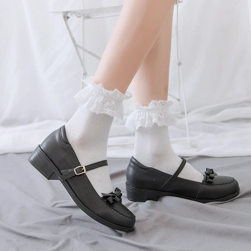 Women Socks Lace Lolita Jk Japanese Style White Black Solid kawaii Girl Cotton Cute Ankle Socks For Famale носки женские Kawaii