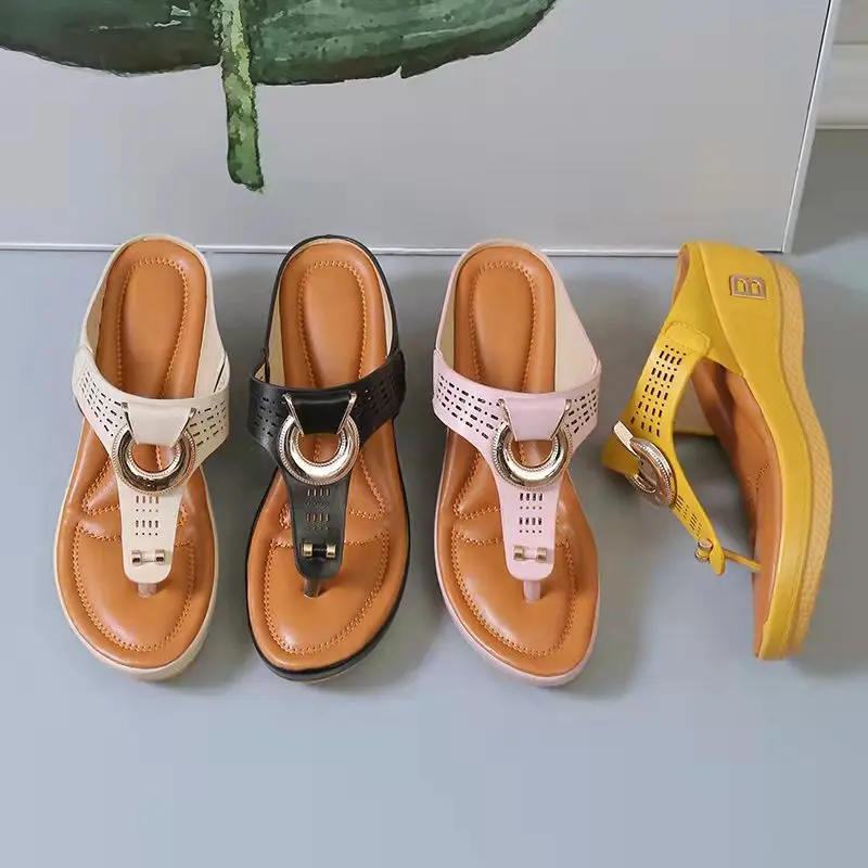 

Women Slippers Casual Wedge Flip-Flops Platform Comfortable Roman Ladies Beach Sandals Summer Thongs Hollow Metal Buckle Slope