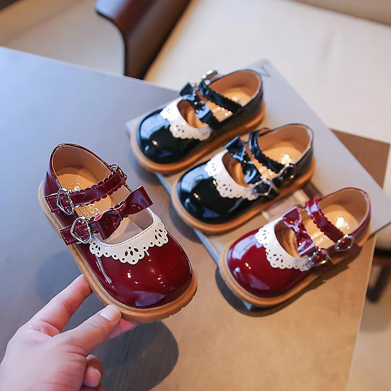 

2022 Autumn New Girls Leather Shoes Korean Version Baby Bow Princess Lace Soft Bottom Fashion Kids Lolita Style Mary Jane Casual