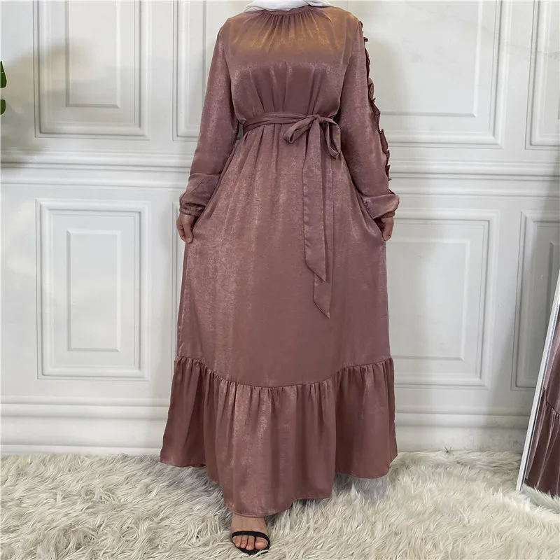 New Fashion Simple Elegant Muslim Dress Women Big Hem Pleated Long Sleeve Long Dresses For Muslim Women Abaya Turkey