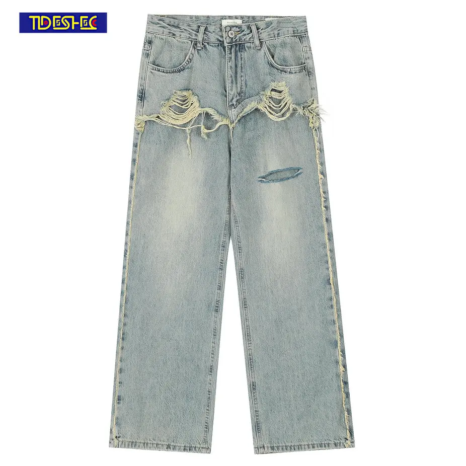 

Модные повседневные свободные брюки большого размера, Прямые рваные джинсы с дырками, мужские брюки из денима с потертостями