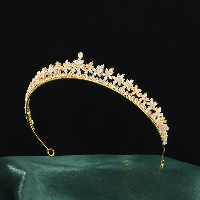 Golden Cubic Zirconia Crown Flower Wedding Hair Accessories Gold Bridal Simple Tiara Crown