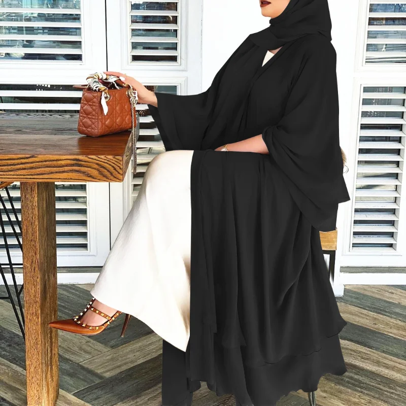 Open Abayas Muslim Maxi Dress for Women Muslim Sets Islamic Eid Loose Ethnic Style Elegant Chiffon Long Robes Female Dresses