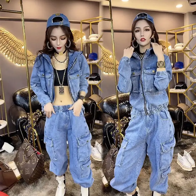 Two/Suit Fashion Spring Autumn New Jacket + Elastic Waist Nine-Point Jeans Casual Two-Piece Set Woman Clothing Size 6XL E289