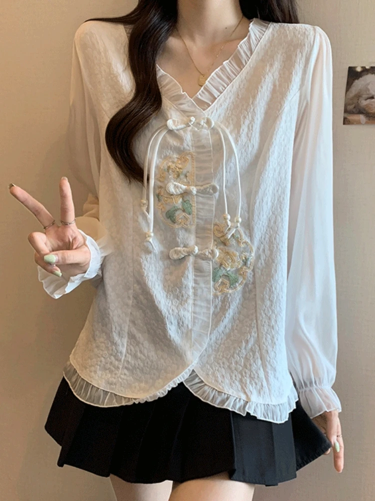 Новые китайские рубашки с длинным рукавом и V-образным вырезом в стиле ретро