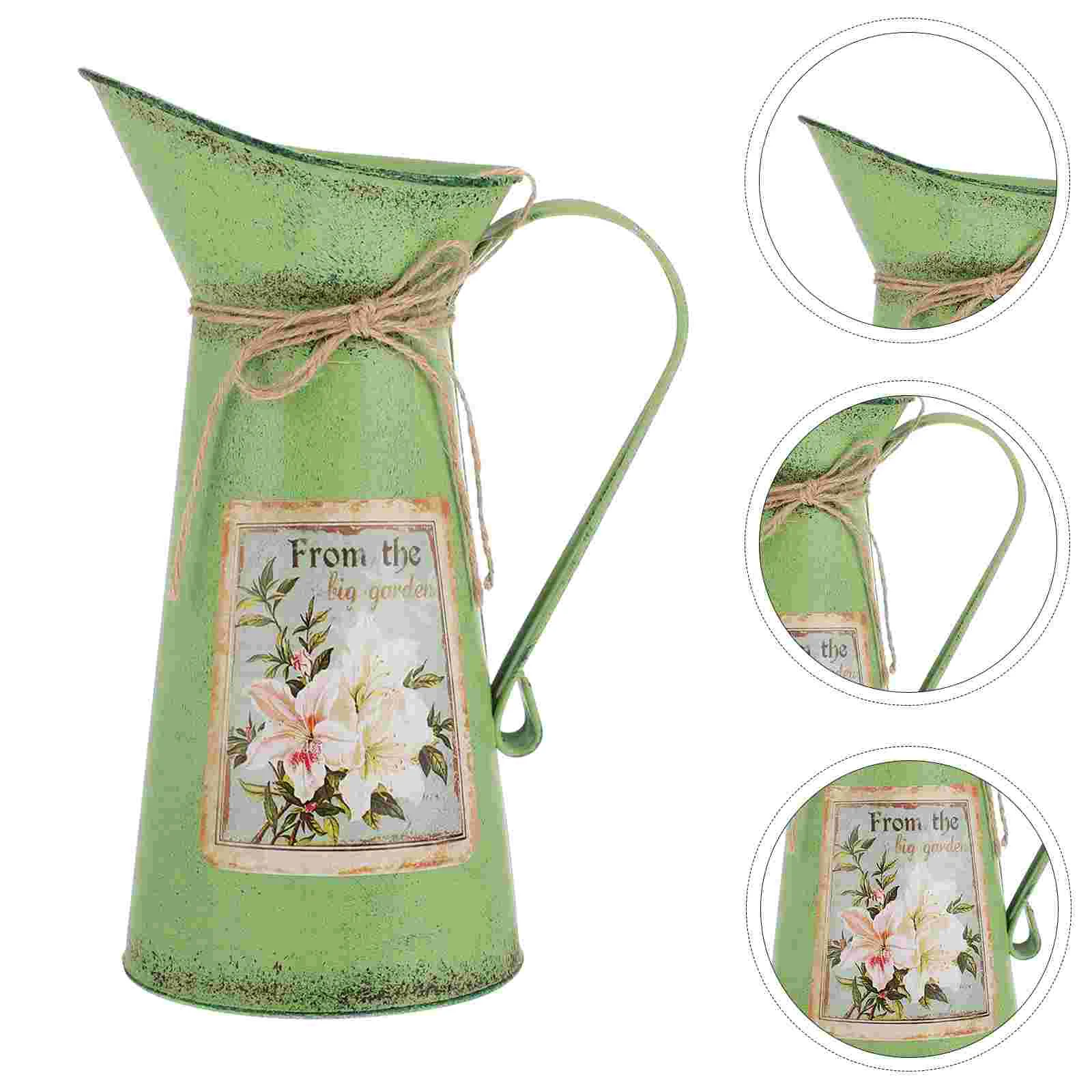 

Shabby Chic Flower Vase Vintage Farmhouse Jug Vase Can Pitcher Galvanized Metal Rustic Vase Holder for Home Decoration Green