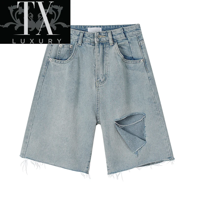 

Women's Ripped Jeans Short Trousers High Waist Summer Fashion Wide Leg Pants Female Casual Vintage Streetwear Denim Shorts