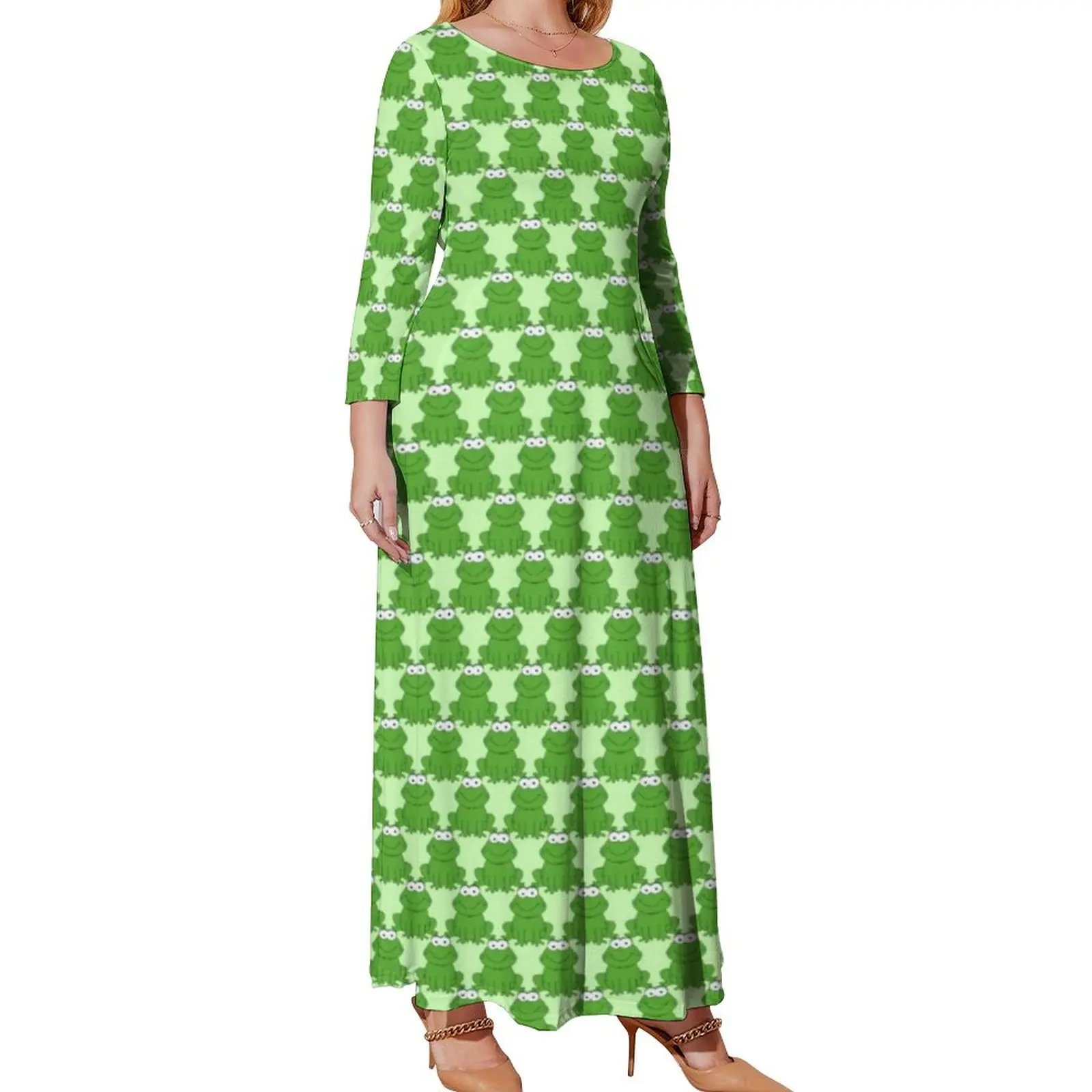 Cute Green Frog Dress Female Animal Print Kawaii Maxi Dress Aesthetic Beach Long Dresses Printed Clothing Plus Size