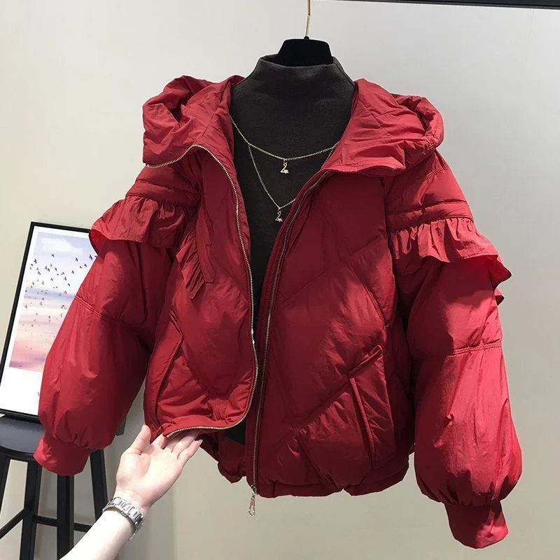 

Fashion Women's Down Cotton Jacket Hooded Ruffled Solid Color Short Outerwear Female Winter Warm Overcoat
