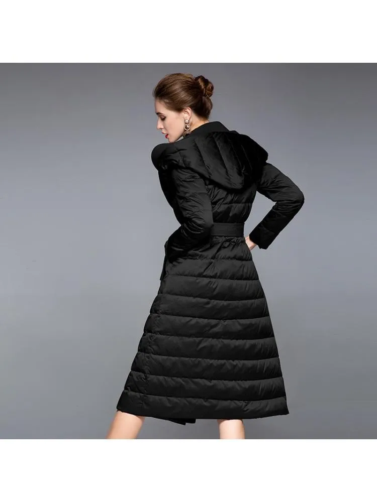 Thicked Long Cashmere Stitching Black Hooded 90 White Duck Down Coats Women 2022 Winter Loose Lace Up Warmer Jackets