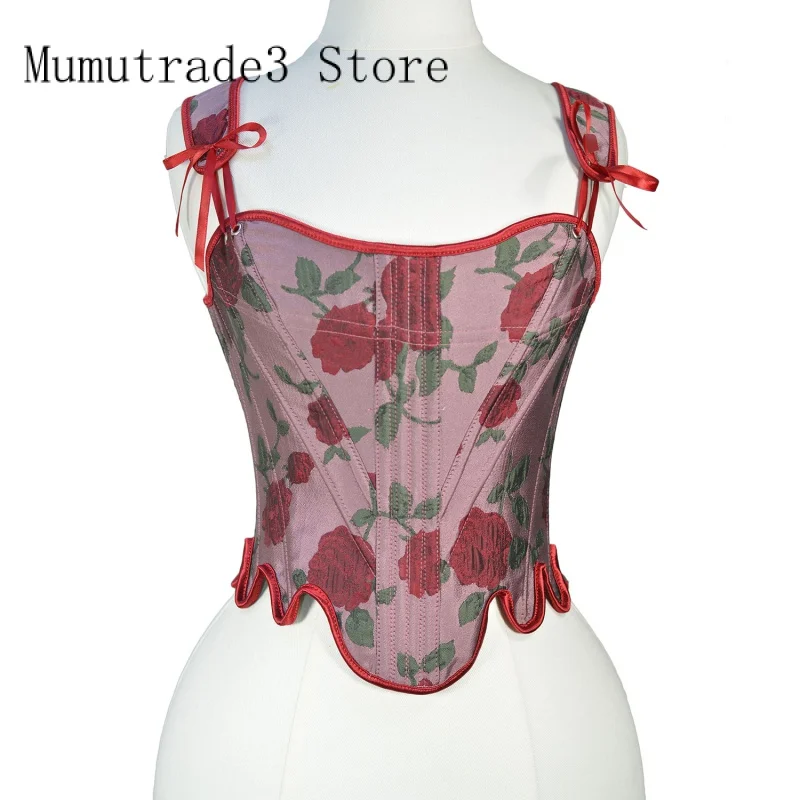 

Women's French Tank Top To Wear Out Sexy Shoulder Strap Corset Lace Up Women Flower Embossed Roses Camisole Bustier