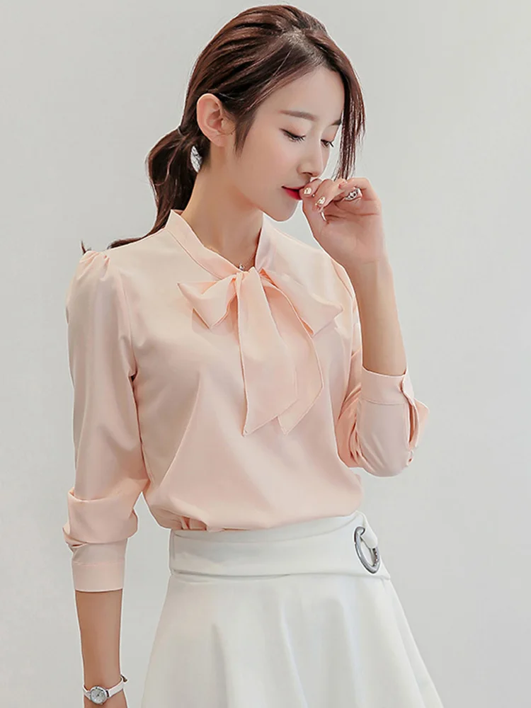 

Женская шифоновая блузка, повседневная офисная рубашка розового и белого цвета в Корейском стиле, весна-осень
