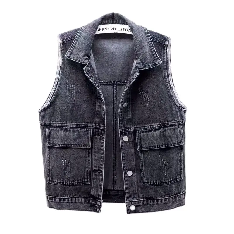 

Women Denim Vest Jacket Splicing Short Waistcoat Casual Tops Sleeveless Outerwear Slim Big Pocket Female Summer All-Match Teens