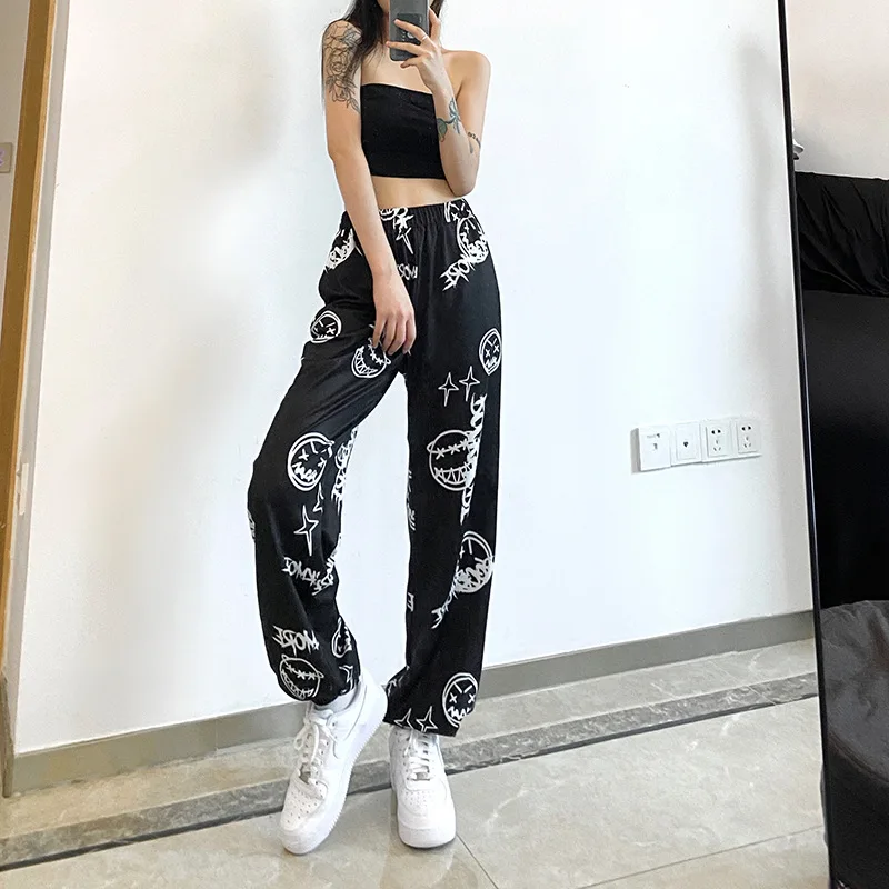 

Women\u2019s Casual Beam Feet Trousers Fashion Grimace Letter Printed High Waist Long Sweatpants