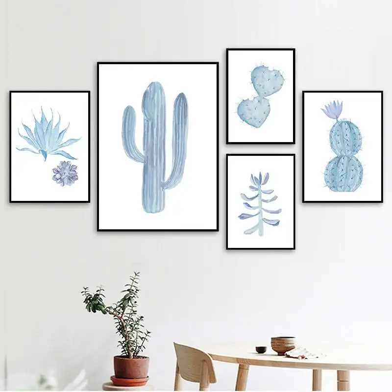 

Minimalist Blue Plant Cactus Art Canvas Painting Print Poster Wall Art Pictures For Living Room Home Deco